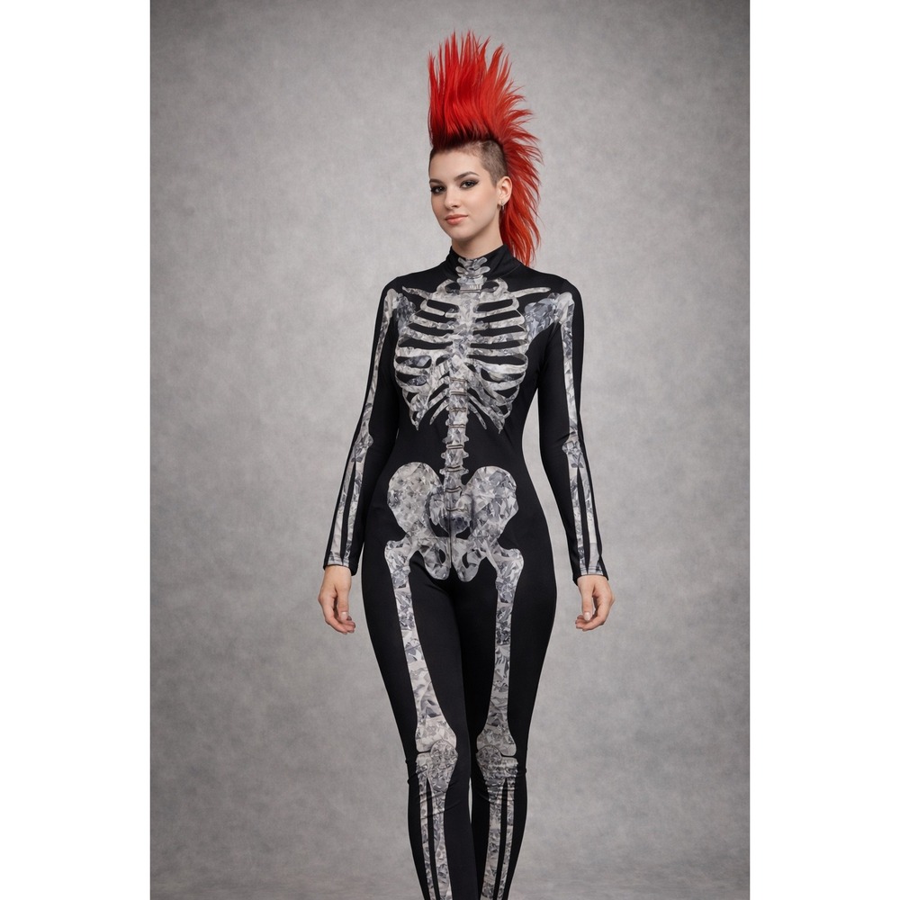 Womens Diamond Skeleton Jumpsuit XL Black Geometric Bone Print Catsuit Halloween